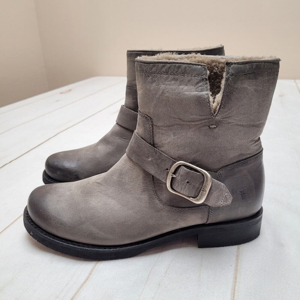 Frye Veronica gray leather sheepskin moto combat boots